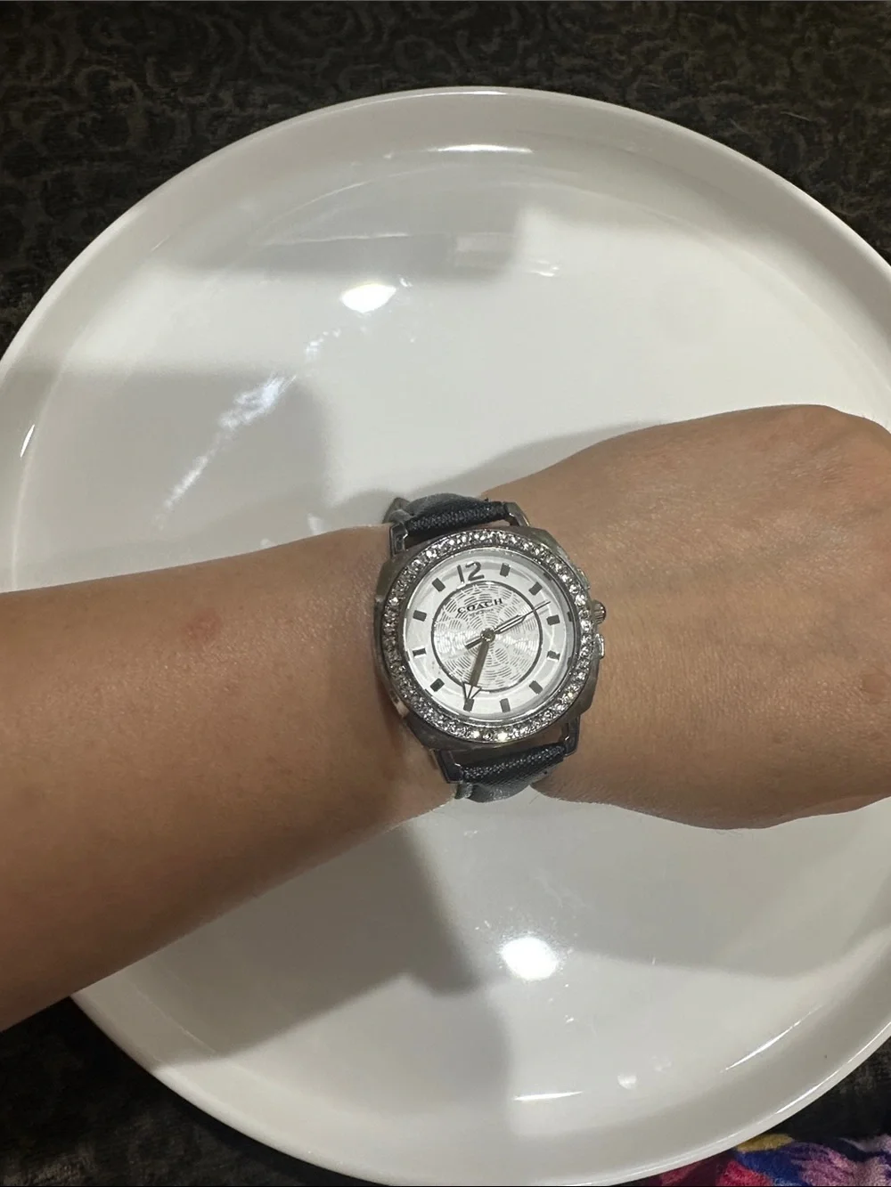 Coach Silver Crystal Dial Black Leather Strap Watch